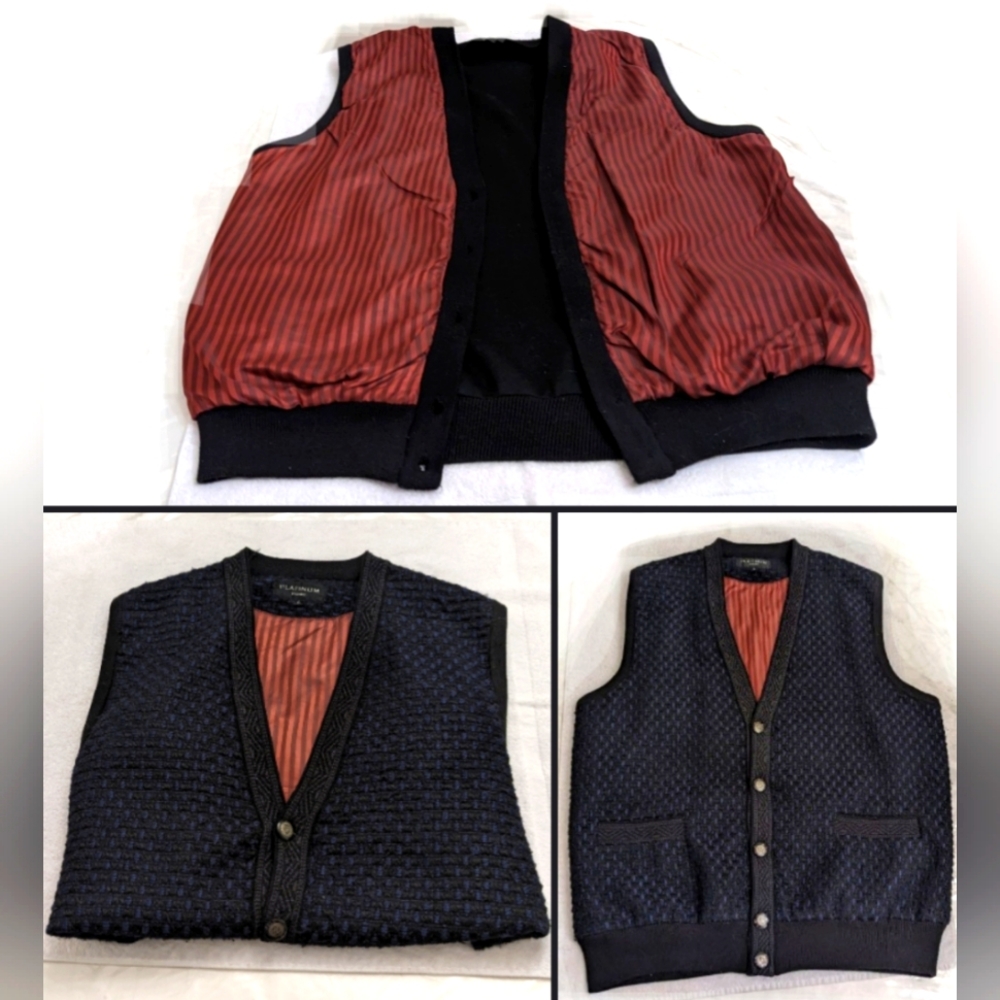 Vintage Wool Navy/Black V-neck Vest, Silky Lined, Buttons, Pockets, L